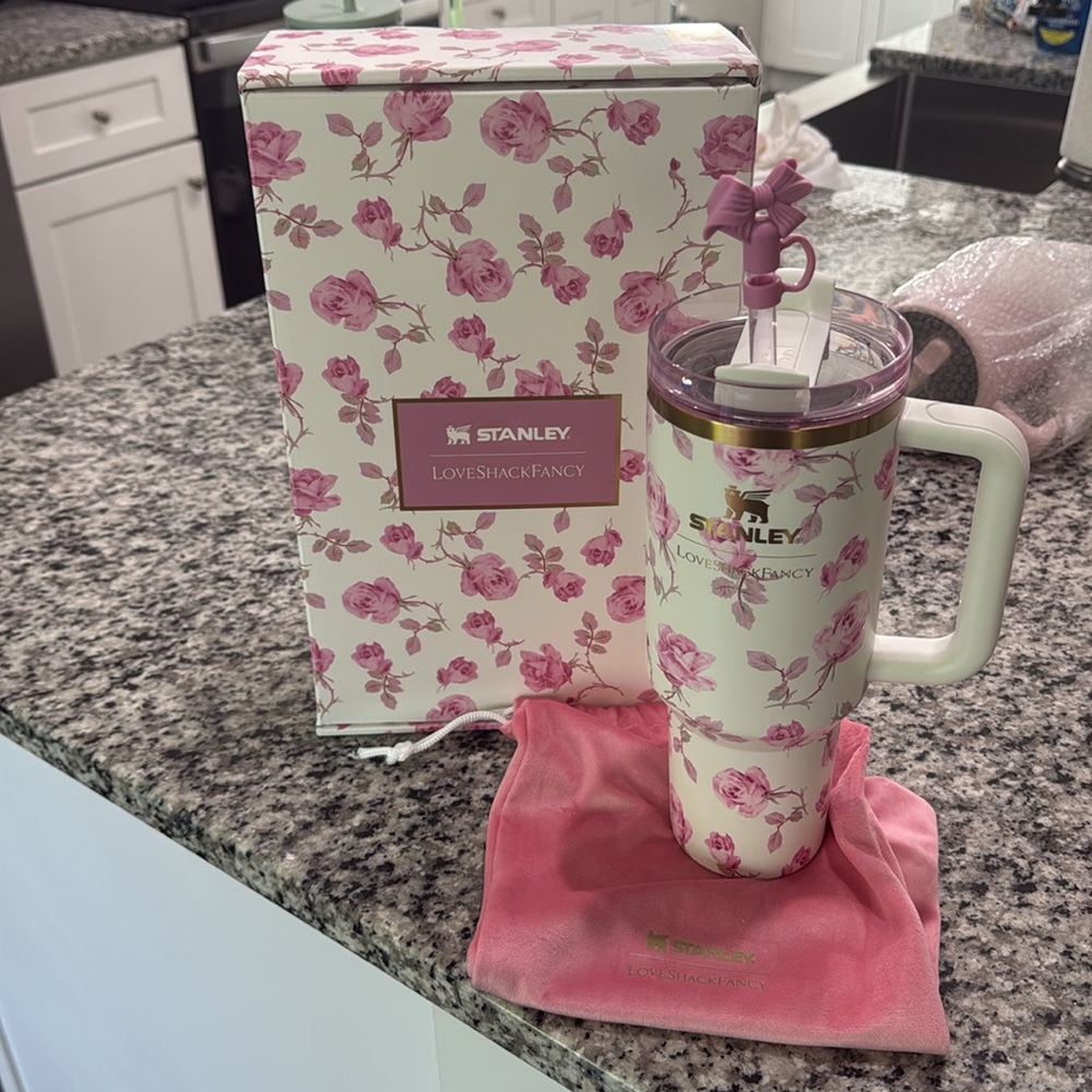 Stanley Pink Floral Travel Mug with Straw